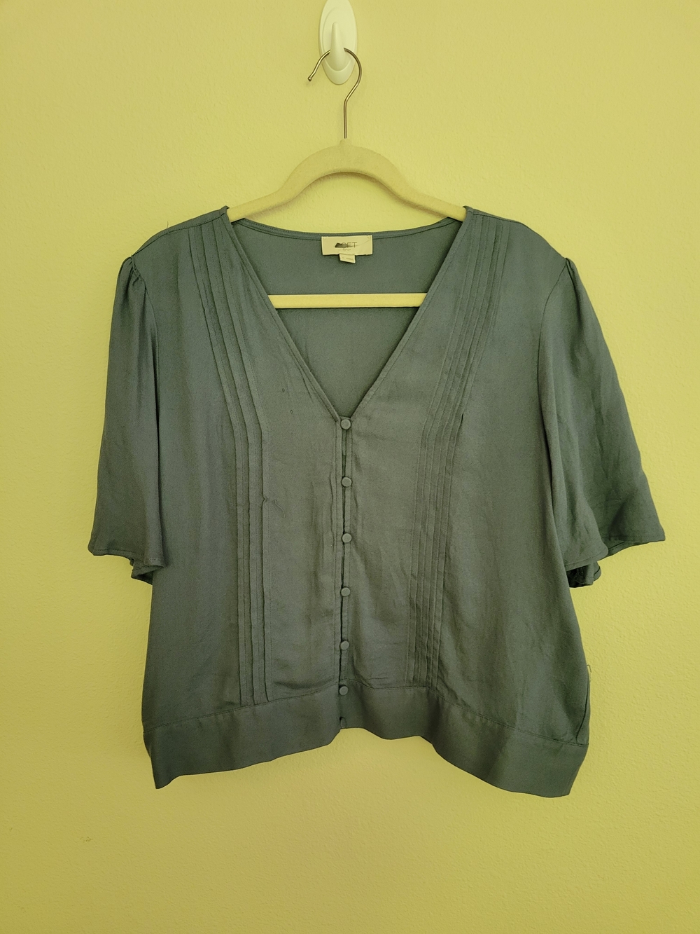 LOFT Slate Blue V-Neck Pintuck Button-Front Blouse
